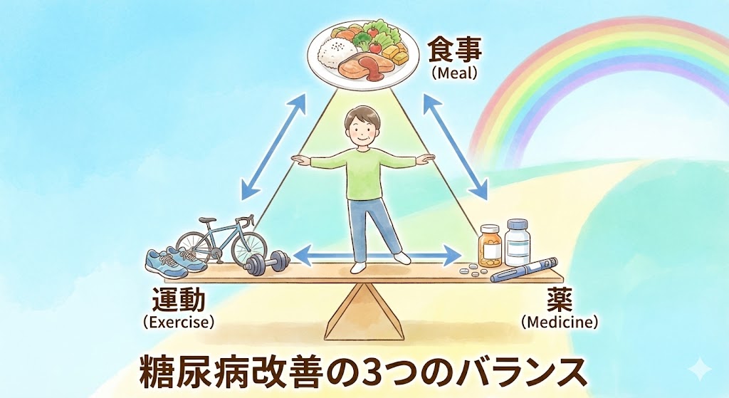 糖尿病治療のために必要な食事と運動と薬のバランスの重要性